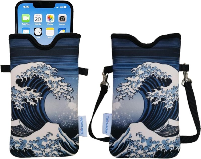 Tainada Men Women Neoprene Phone Sleeve Pouch Case Bag w/Crossbody Strap/Neck Lanyard for iPhone 17/16/15 Pro Max, 16/15 Plus, 16e; Samsung S25, S24, A56, A55, Z Fold7 (The Great Wave Japan Theme) - Image 1